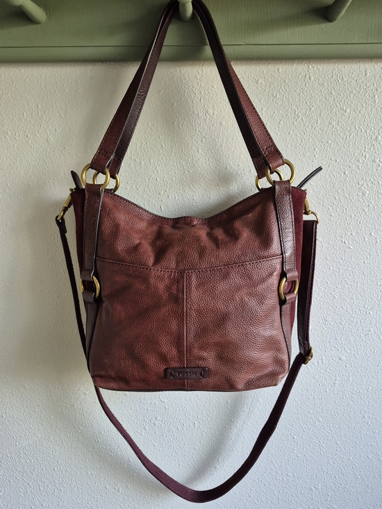 Fossil Handbags - Fossil Sam Claret Red Burgundy Leather Suede Sides Shoulder Bag Crossbody